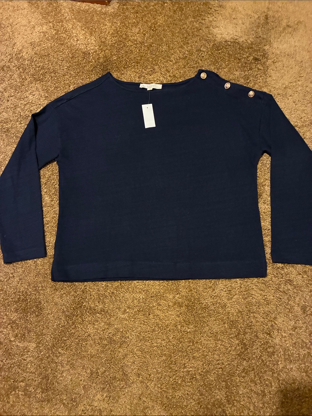 LOFT Navy Boatneck Top with Shoulder Buttons& Long Sleeves. Size L. Lightweight